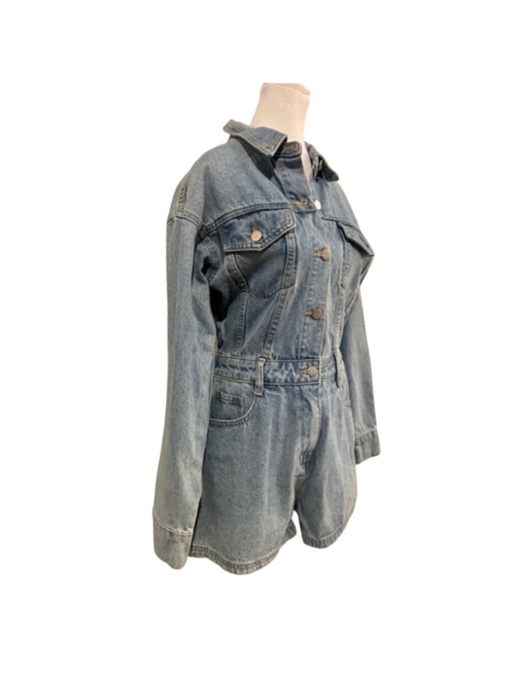 Lelis Washed Denim Jumpsuit Romper Button Front S Long Sleeve Shorts country